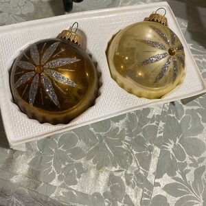 2 Glass Ball Christmas Ornament - Gold Ball With Rhinestones & Glitter W.Germany
